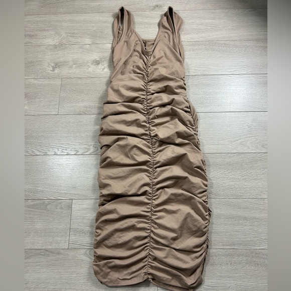 Fashion Nova Chasing Desire Ruched Midi Dress - Taupe - Picture 6 of 12